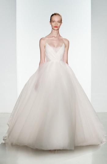 Women's Christos Bridal 'penny' Lace Inset Spaghetti Strap Tulle Ballgown, Size - Ivory