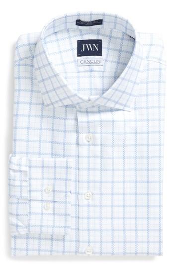 Men's John W. Nordstrom Trim Fit Windowpane Dress Shirt .5 32/33 - Blue