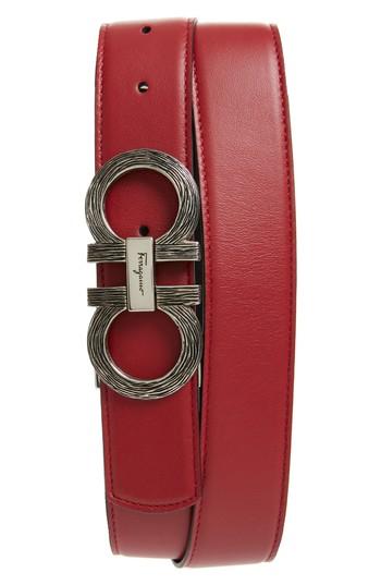 Men's Salvatore Ferragamo Etched Double Gancio Reversible Leather Belt - Red/ Black