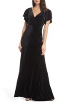 Women's Jenny Yoo Ellis Flutter Sleeve Stretch Velvet Gown - Black