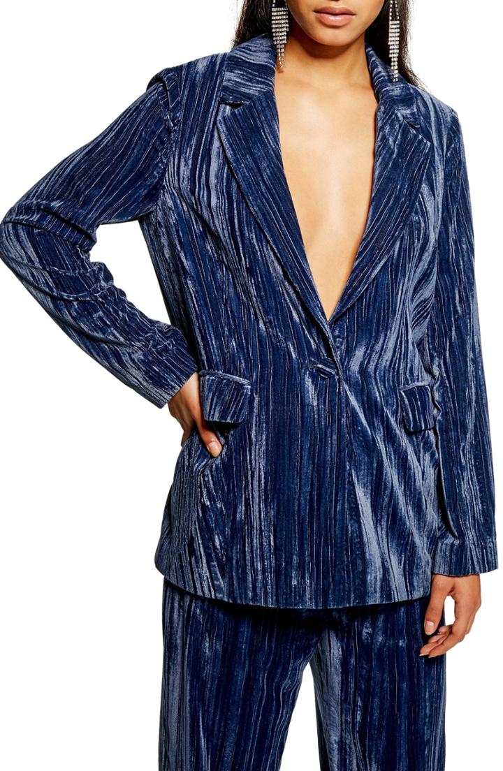 Women's Topshop Crinkle Velvet Jacket Us (fits Like 0-2) - Blue