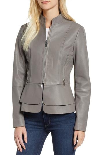 Women's Tahari Thea Peplum Hem Leather Jacket - Grey