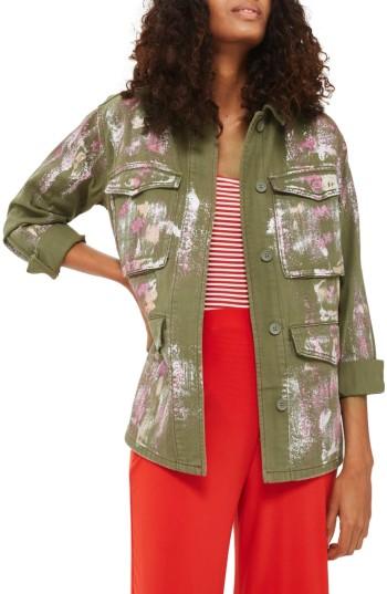 Women's Topshop Ethan Metallic Foil Shirt Jacket Us (fits Like 0) - Green