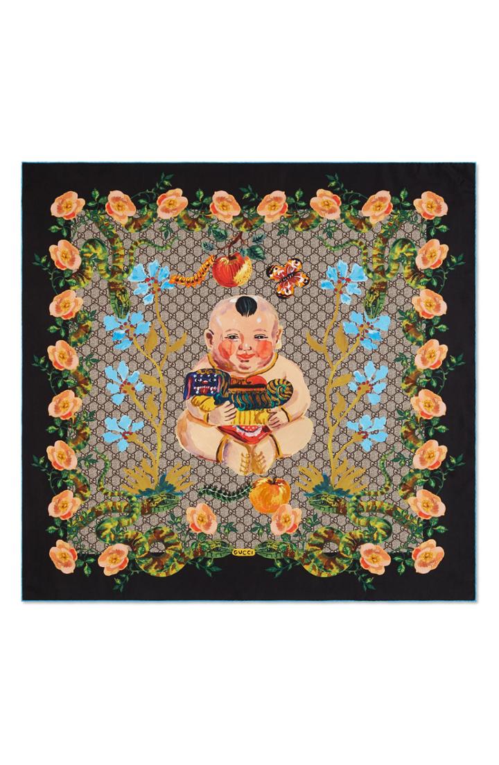 Women's Gucci Gg Baby & Flowers Print Silk Twill Scarf