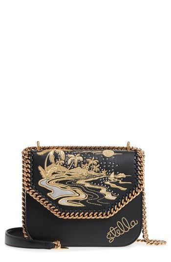 Stella Mccartney Falabella Hawaiian Embroidered Faux Leather Shoulder Bag - Black