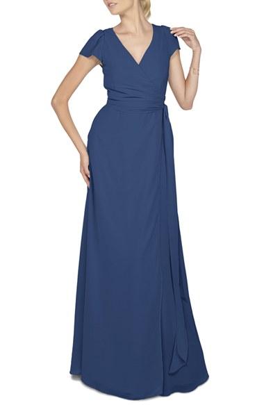 Women's Ceremony By Joanna August 'aurele' Cap Sleeve Chiffon Wrap Gown - Blue