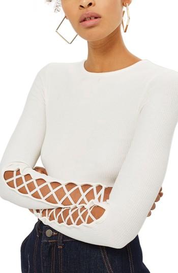 Women's Topshop Lattice Sleeve Ribbed Top Us (fits Like 2-4) - Ivory