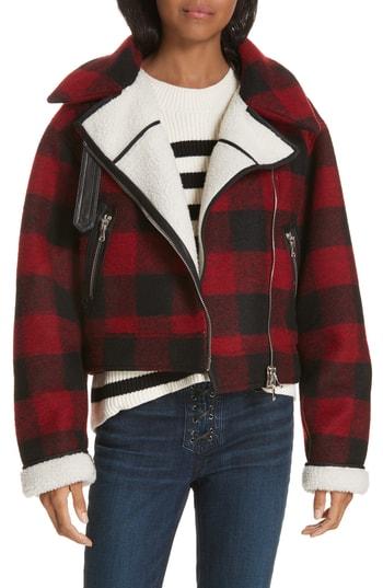 Women's Veronica Beard Benni Faux Shearling Lined Buffalo Check Moto Jacket