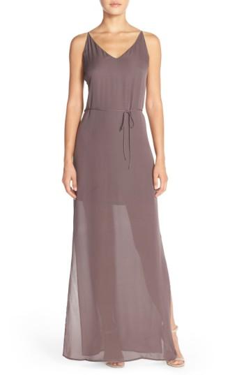 Women's Maids Rory Beca 'harlow' Belted Silk Georgette Deep V-back Gown - Grey