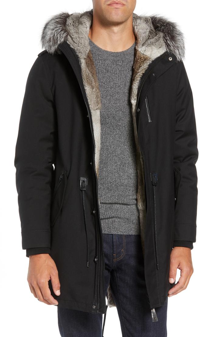 Men's Mackage Coated Twill Parka With Genuine Rabbit Fur Lining And Fox Fur Trim - Black