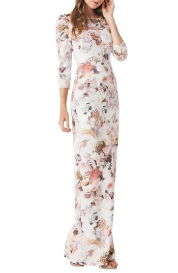 Women's Kay Unger Floral Print Crepe Column Gown - White