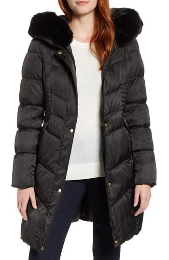 Women's Via Spiga Faux Fur Trim Puffer Jacket - Black