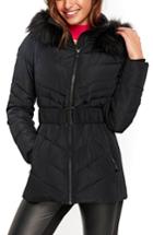 Women's Wallis Water Repellent Quilted Puffer Coat With Faux Fur Trim - Black