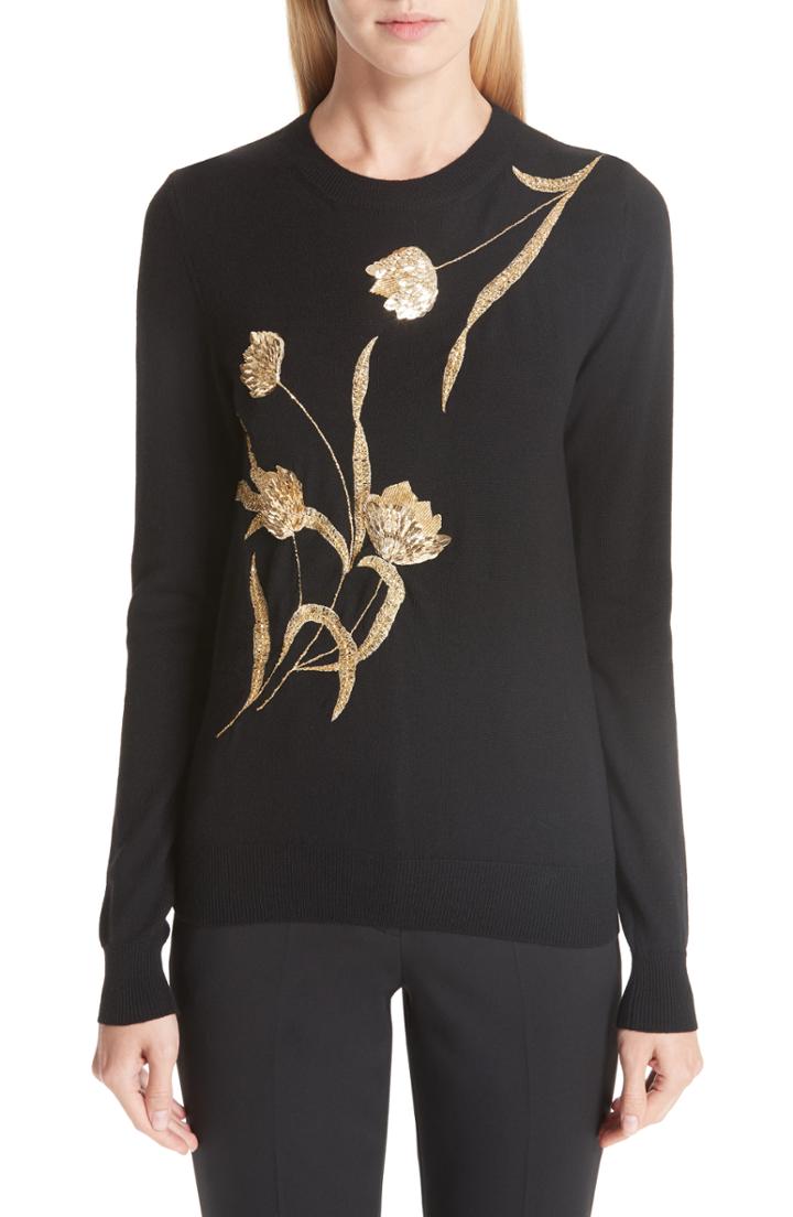 Women's Oscar De La Renta Sequin Embellished Floral Wool Sweater - Black