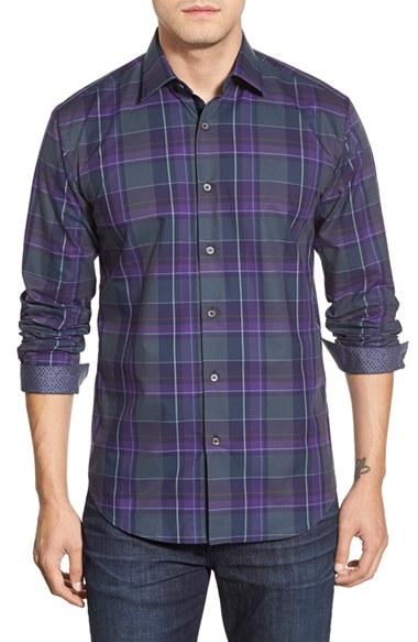 Men's Bugatchi Classic Fit Plaid Sport Shirt - Purple