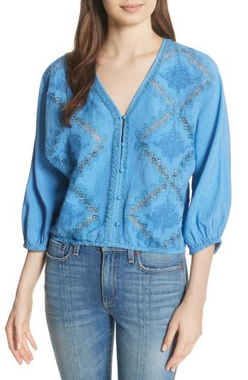 Women's Alice + Olivia Hilma Embroidered Blouson Sleeve Blouse - Blue