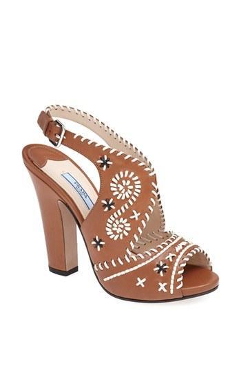 Prada Embroidered Slingback Sandal Luggage/ White