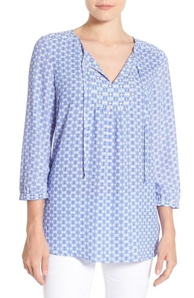 Petite Women's Nydj 'patchwork Mosaic' Print Split Neck Blouse, Size P - Blue