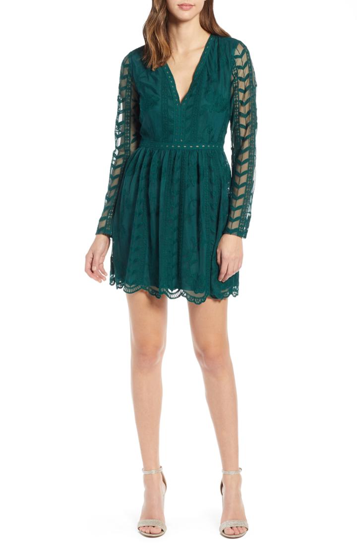 Women's Socialite Long Sleeve V-neck Lace Dress - Green