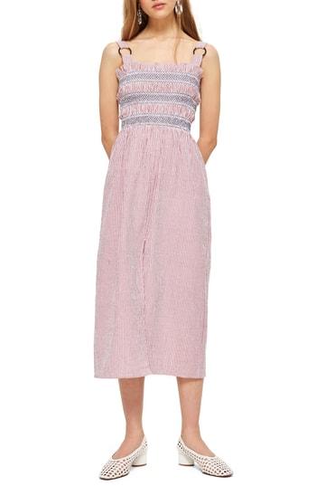 Women's Topshop Seersucker Stripe Midi Dress Us (fits Like 0) - Red