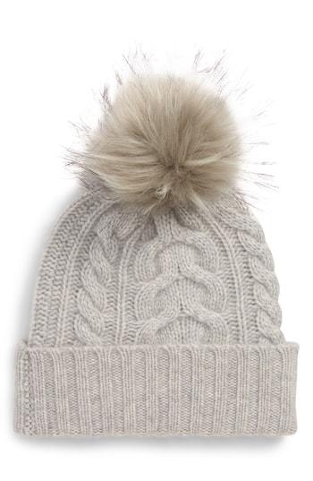 Women's Halogen Cashmere Cable Knit Beanie With Faux Fur Pom - Grey