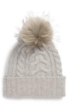Women's Halogen Cashmere Cable Knit Beanie With Faux Fur Pom - Grey