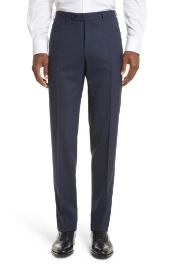 Men's Canali Flat Front Solid Wool Trousers Us / 50 Eur - Blue