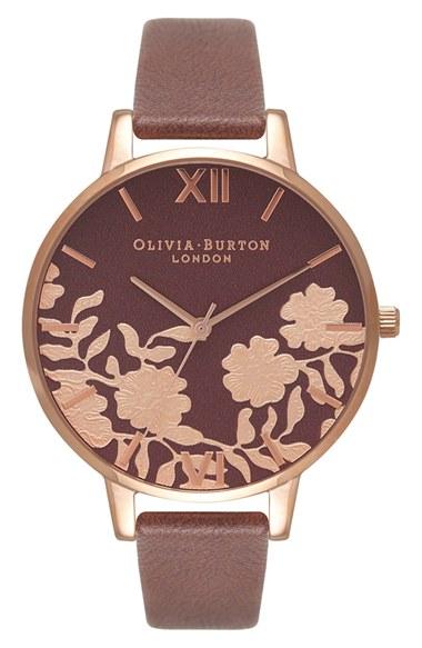 Women's Olivia Burton Lace Detail Leather Strap Watch, 38mm