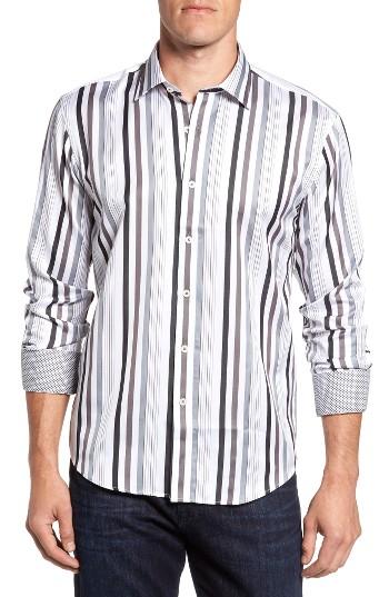 Men's Bugatchi Shaped Fit Stripe Sport Shirt, Size - Grey