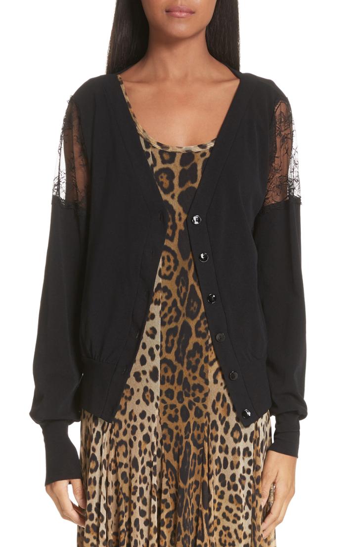 Women's Fuzzi Lace Inset Button Cardigan - Black