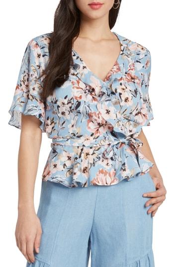 Women's Willow & Clay Print Floral Peplum Wrap Top - Blue