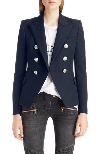Women's Balmain Double Breasted Wool Blazer Us / 34 Fr - Blue