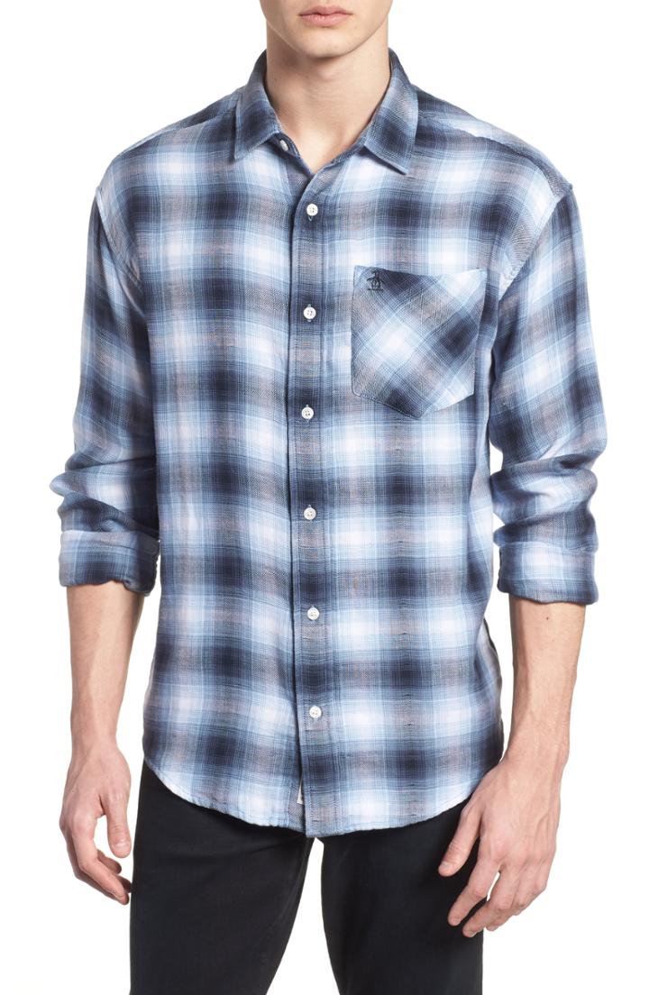 Men's Original Penguin Relaxed Fit Plaid Shirt, Size - Blue