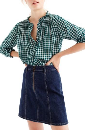 Women's J.crew Gingham Ruffle Popover Shirt - Green