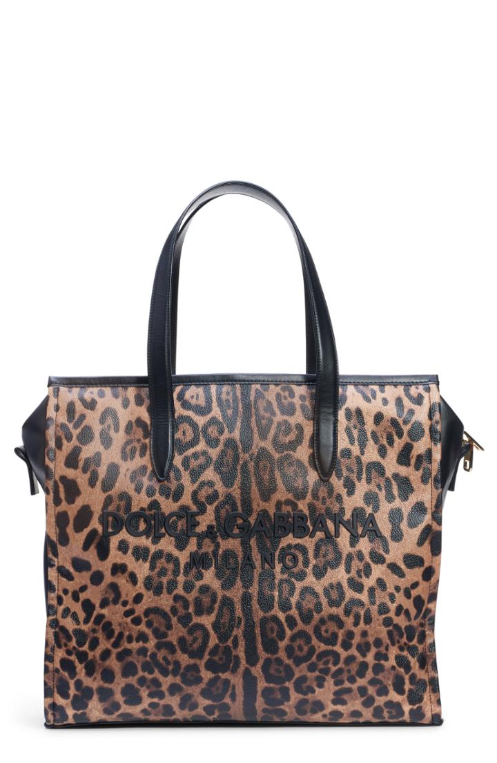 Dolce & Gabbana Logo Leopard Print Shopping Tote - Brown
