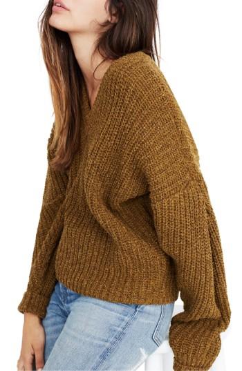 Women's Madewell Pleat Sleeve Pullover Sweater, Size - Green