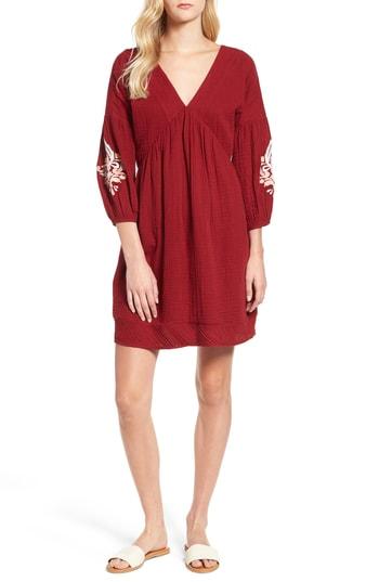 Women's Caslon Embroidered Puff Sleeve Dress - Red