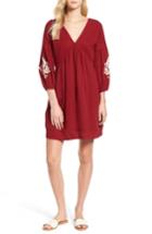 Women's Caslon Embroidered Puff Sleeve Dress - Red