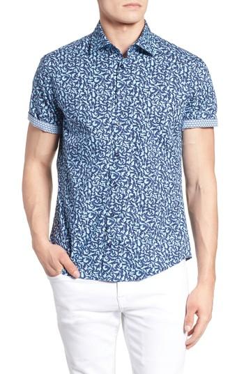 Men's Stone Rose Slim Fit Shark Print Sport Shirt (s) - Blue