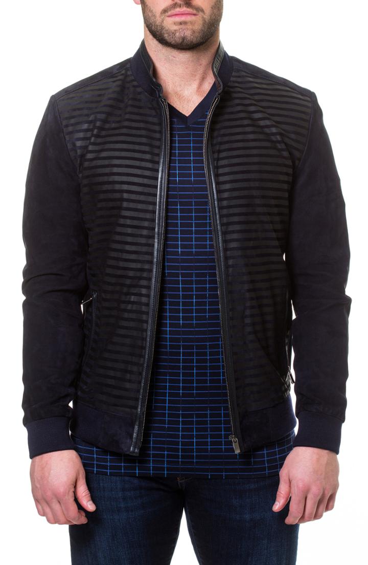 Men's Maceoo Stripe Suede Bomber Jacket (s) - Blue