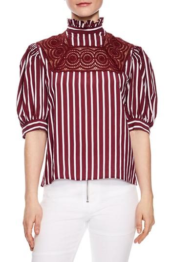 Women's Sandro Lace Inset Puff Sleeve Top - Burgundy