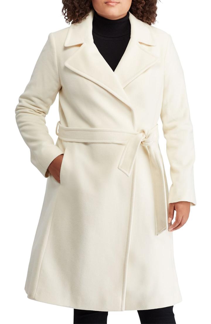 Women's Lauren Ralph Lauren Wool Blend Wrap Coat, Size 18 - Beige (regular & ) (online Only)
