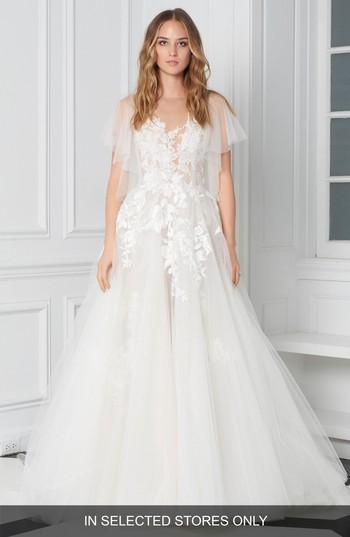 Women's Bliss Monique Lhuillier Flutter Sleeve Embroidered Ballgown, Size In Store Only - White