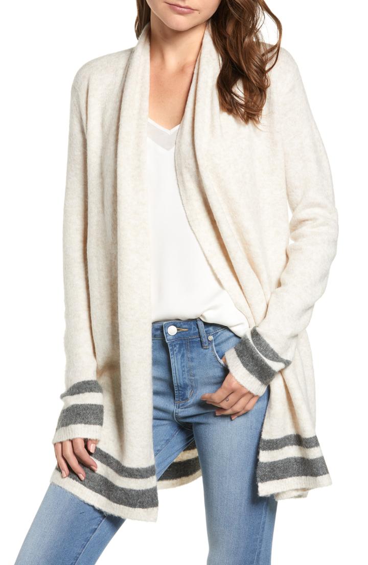 Women's Cupcakes And Cashmere Hank Stripe Shawl Collar Cardigan - Beige
