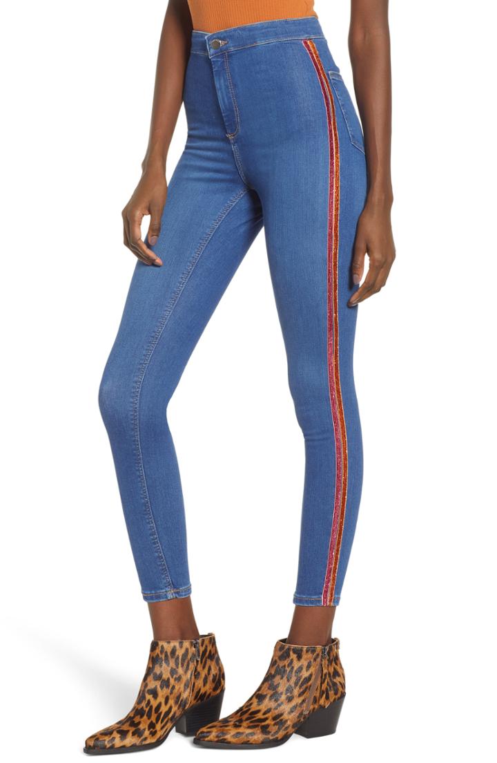 Women's Topshop Joni Side Stripe Ankle Skinny Jeans W X 30l (fits Like 24w) - Blue