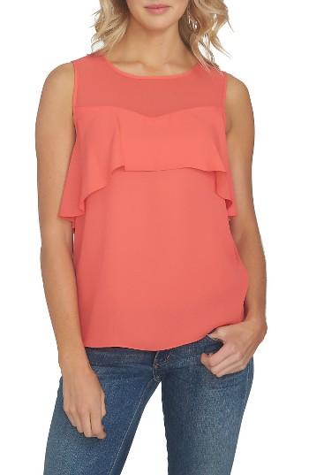 Women's 1.state Sheer Yoke Ruffle Tank, Size - Coral