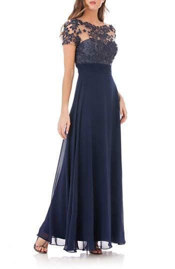 Women's Js Collections Embroidered Illusion Bodice Gown - Blue