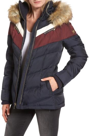 Women's Vince Camuto Belted Down & Feather Fill Coat With Faux Fur Trim Hood - Blue