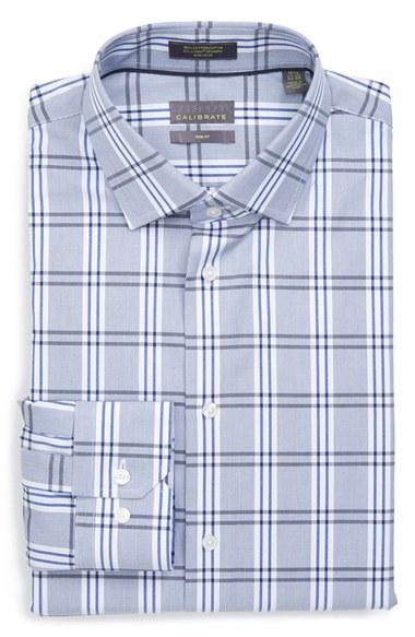 Men's Calibrate Trim Fit Non-iron Plaid Dress Shirt .5 34/35 - Blue
