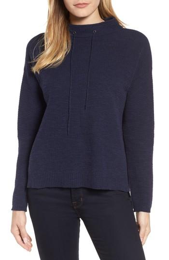 Women's Eileen Fisher Drawstring Neck Organic Linen & Cotton Top, Size - Blue